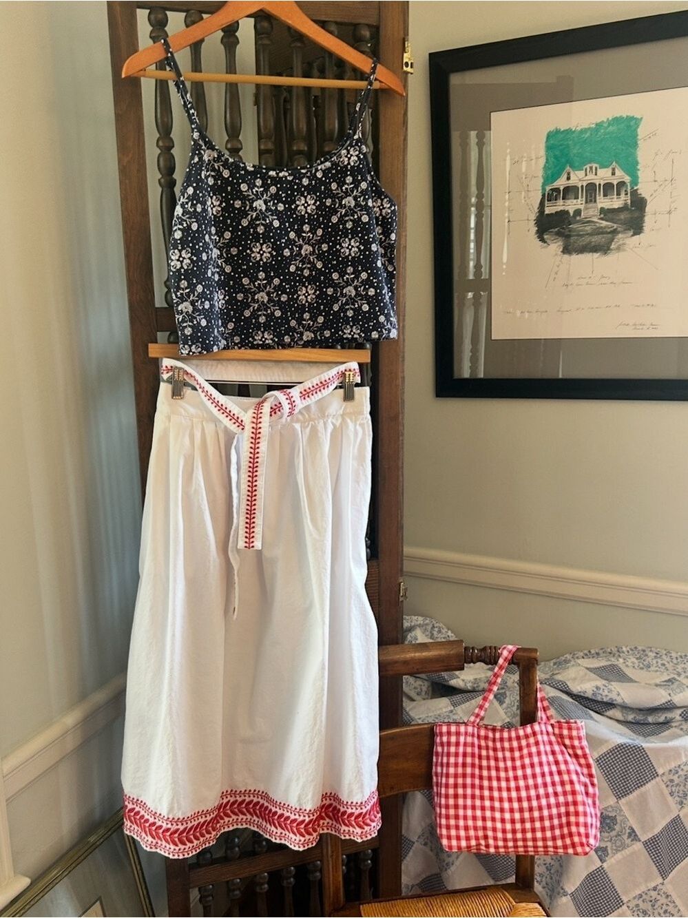 J Crew White Cotton Maxi Skirt Size L Scarlet Red Embroidery Sash Belt Lined - Picture 9 of 16